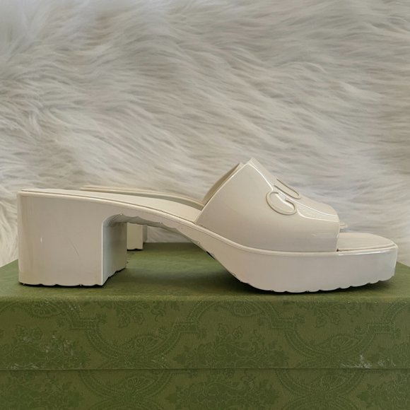 Gucci Plastique Logo Embossed Rubber Jelly Mules White Platform Slide Sandal 40 - Picture 4 of 10